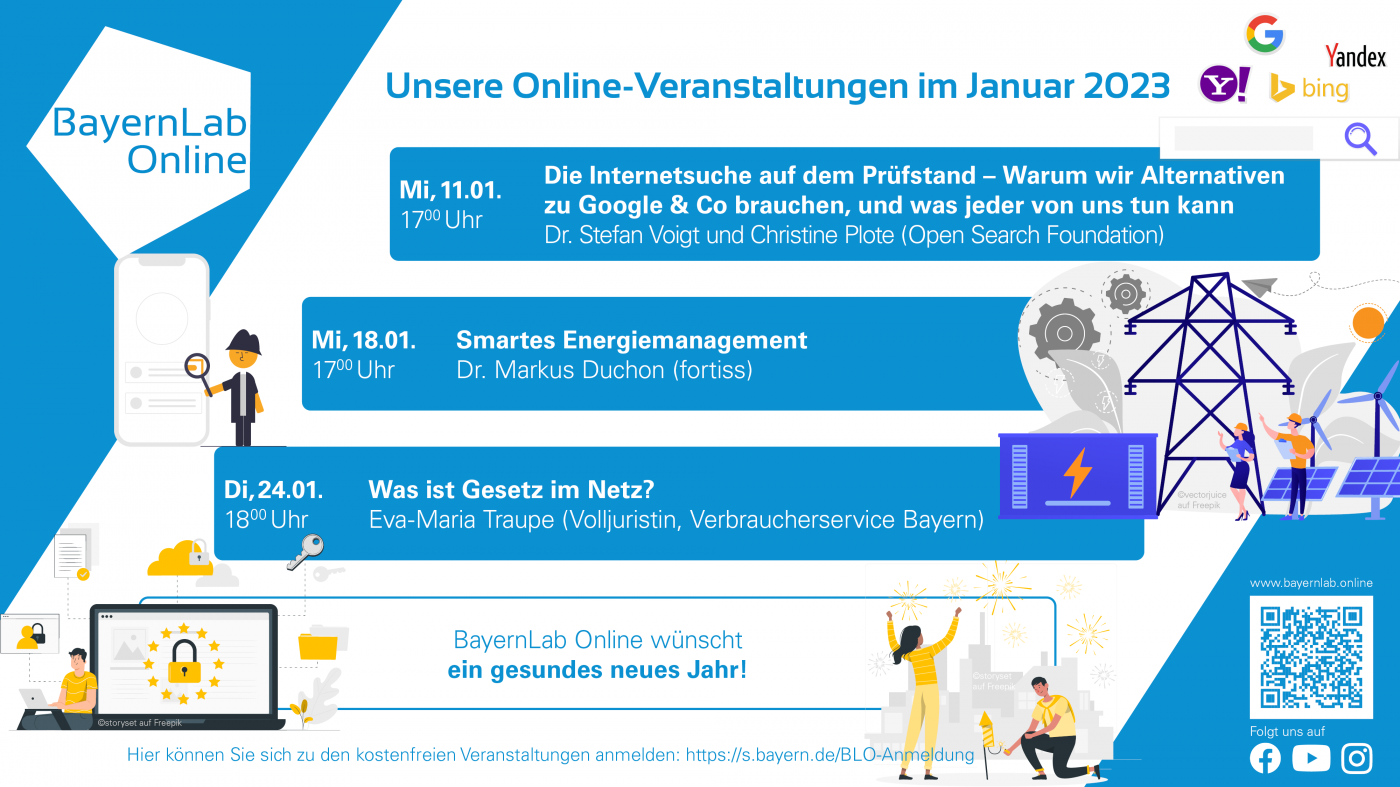 BayernLab Online Logo oben links, mittig 3 Balken mit dem Inhalt und Datum der drei Vorträge im Januar 2023